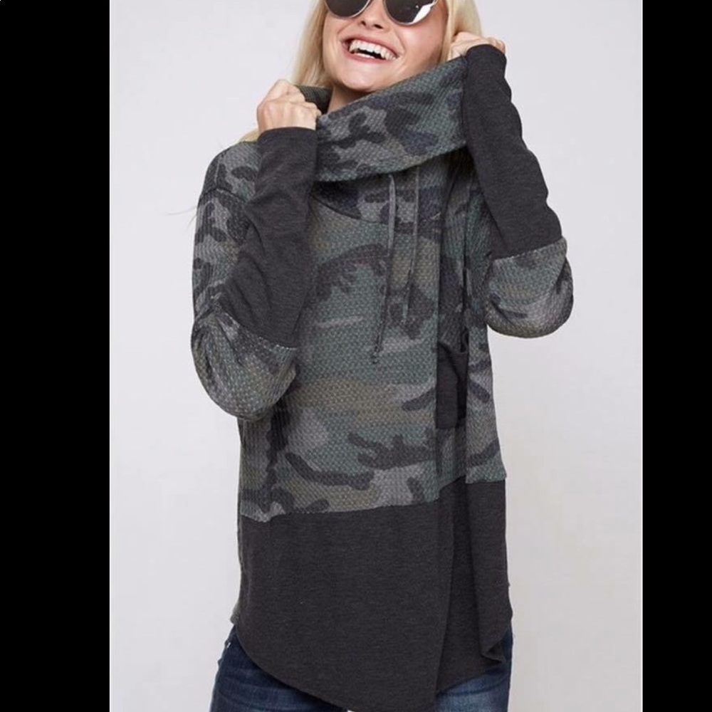 Camouflage tunic with cowl neck